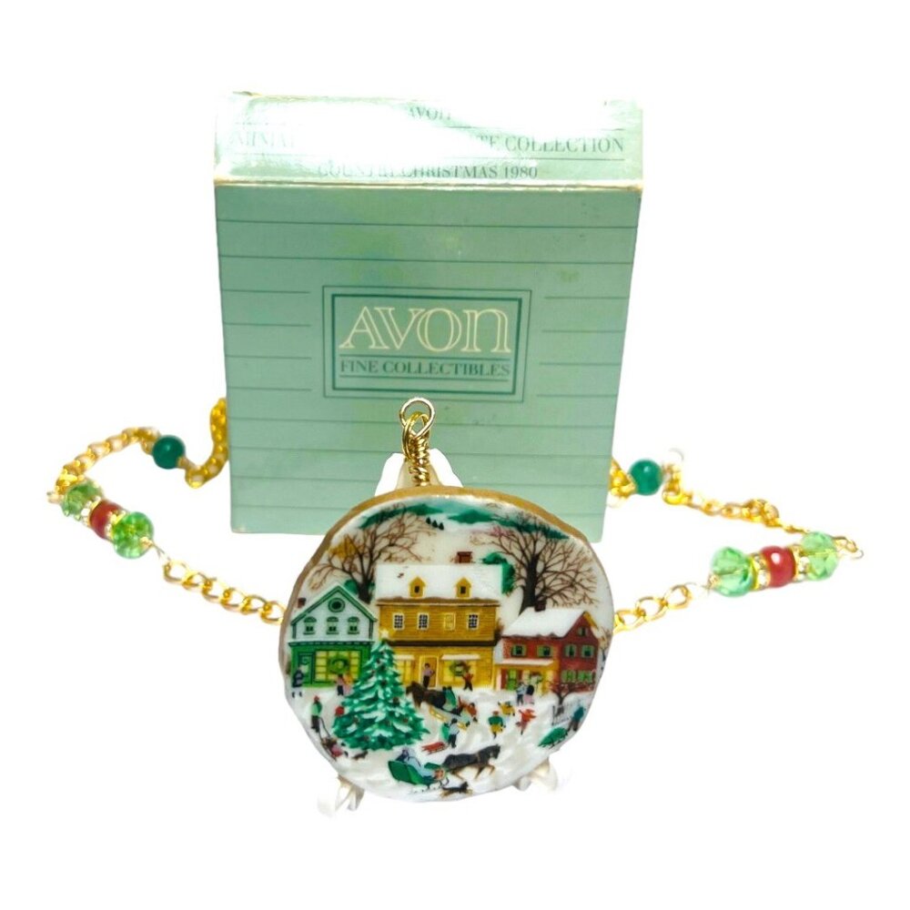 1989 Avon Country Christmas Broken China Necklace w Agate & Amber Stones Artisan